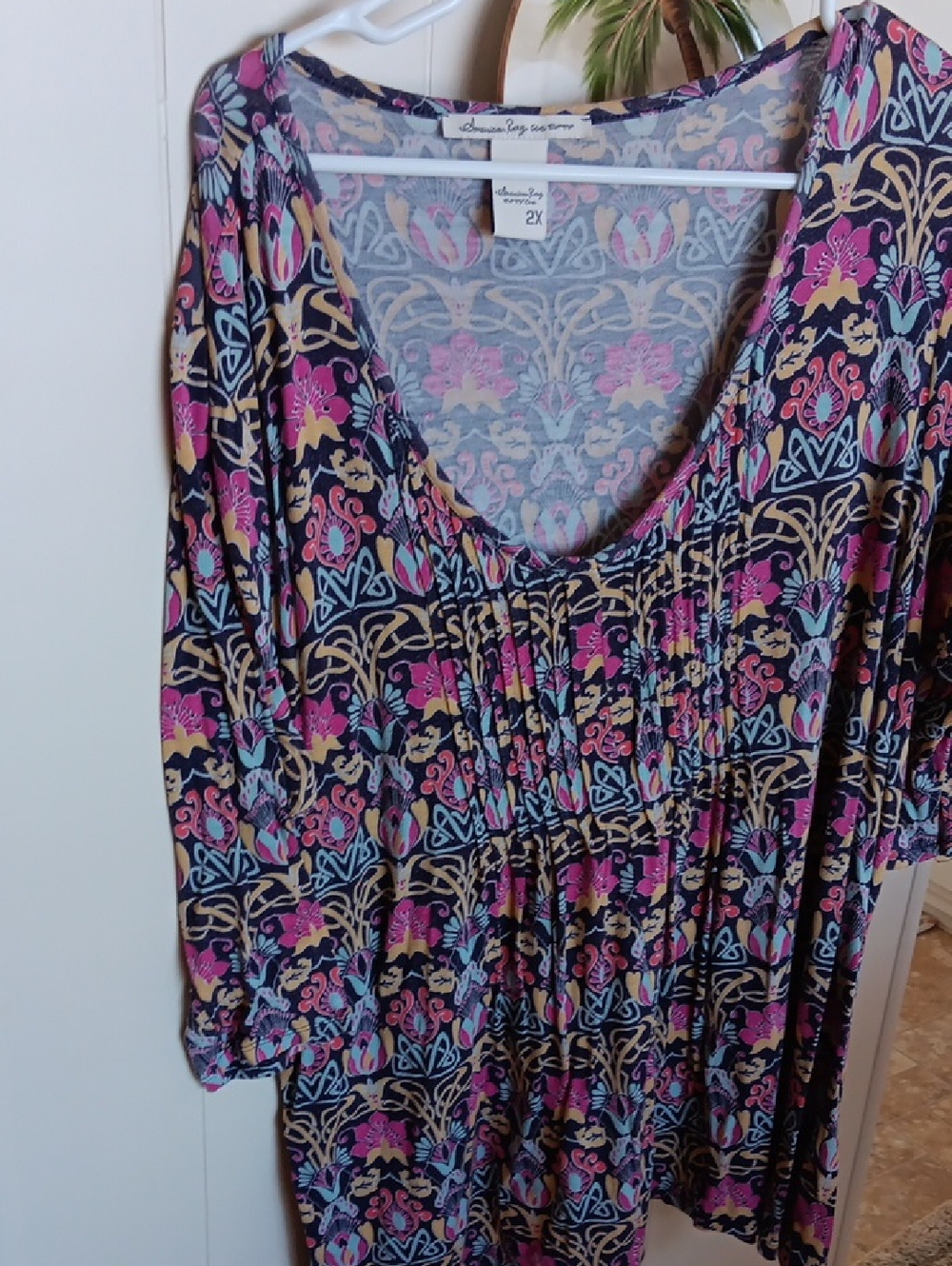 American Rag Floral Scoop Neck Tunic — Black with Pink, Blue & Gold Pattern 2x